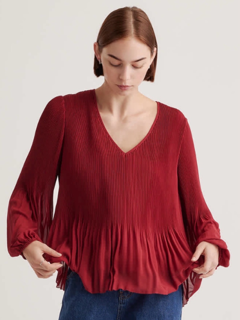 Quince Chiffon Pleated V-Neck Blouse Bright Burgundy Red Long Sleeve Sz L